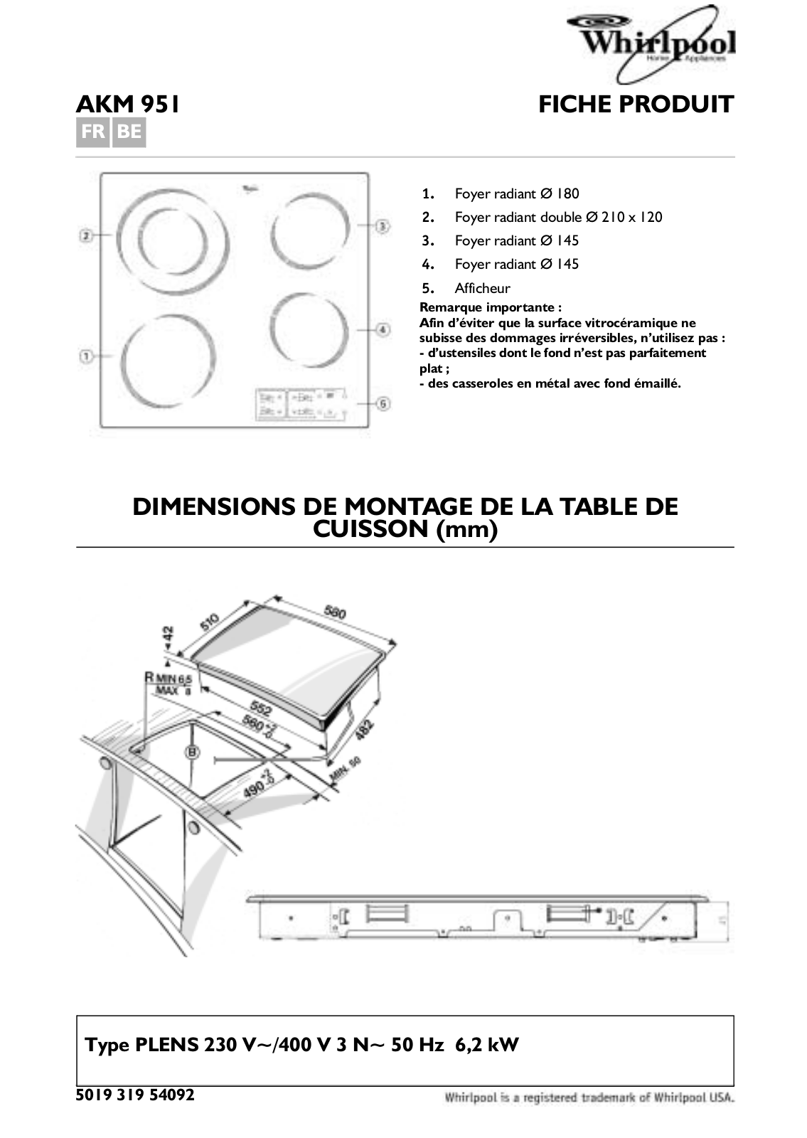 Whirlpool AKM 951 PRODUCT SHEET