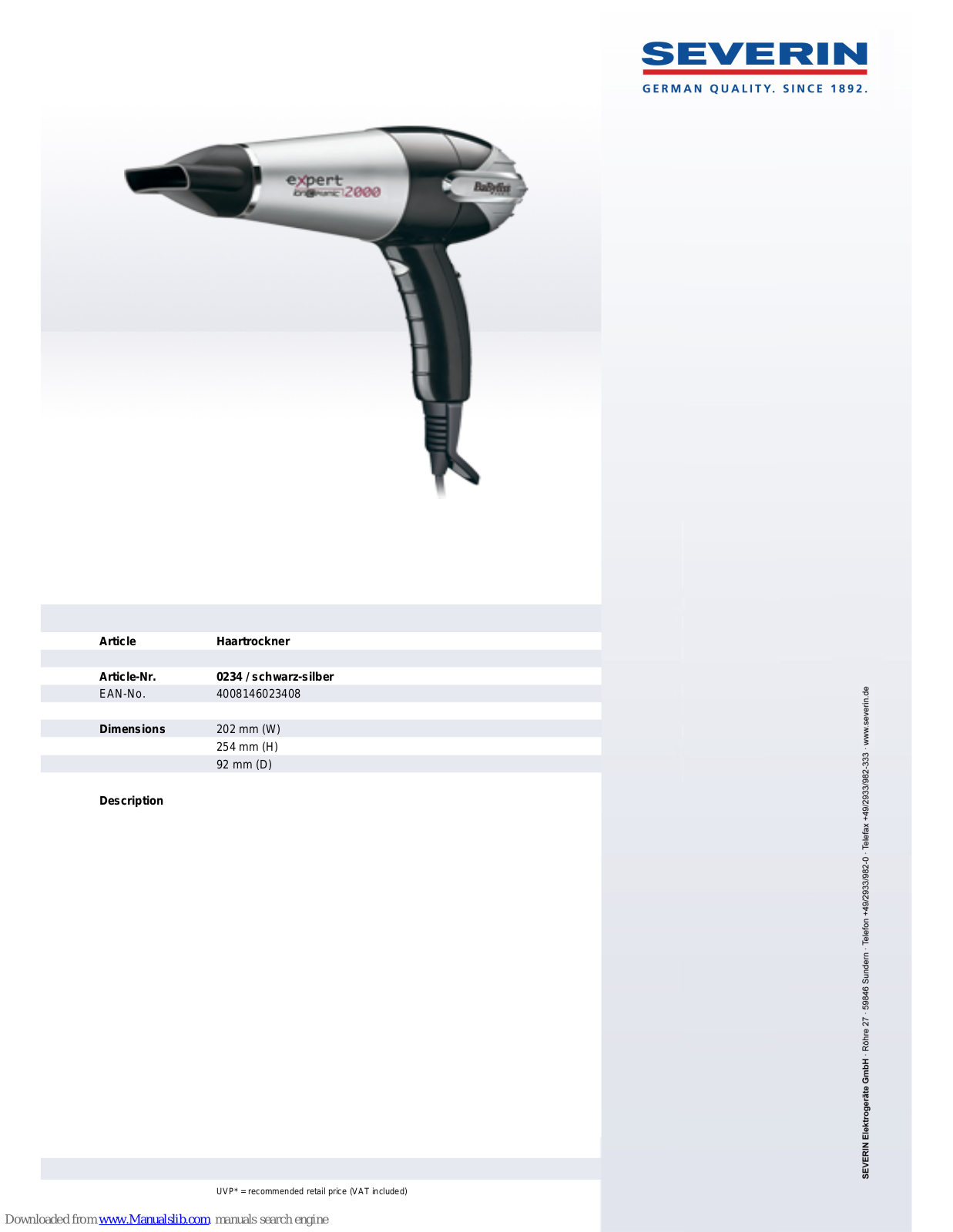 SEVERIN EXPERT 2000 0234, 234 Dimensions