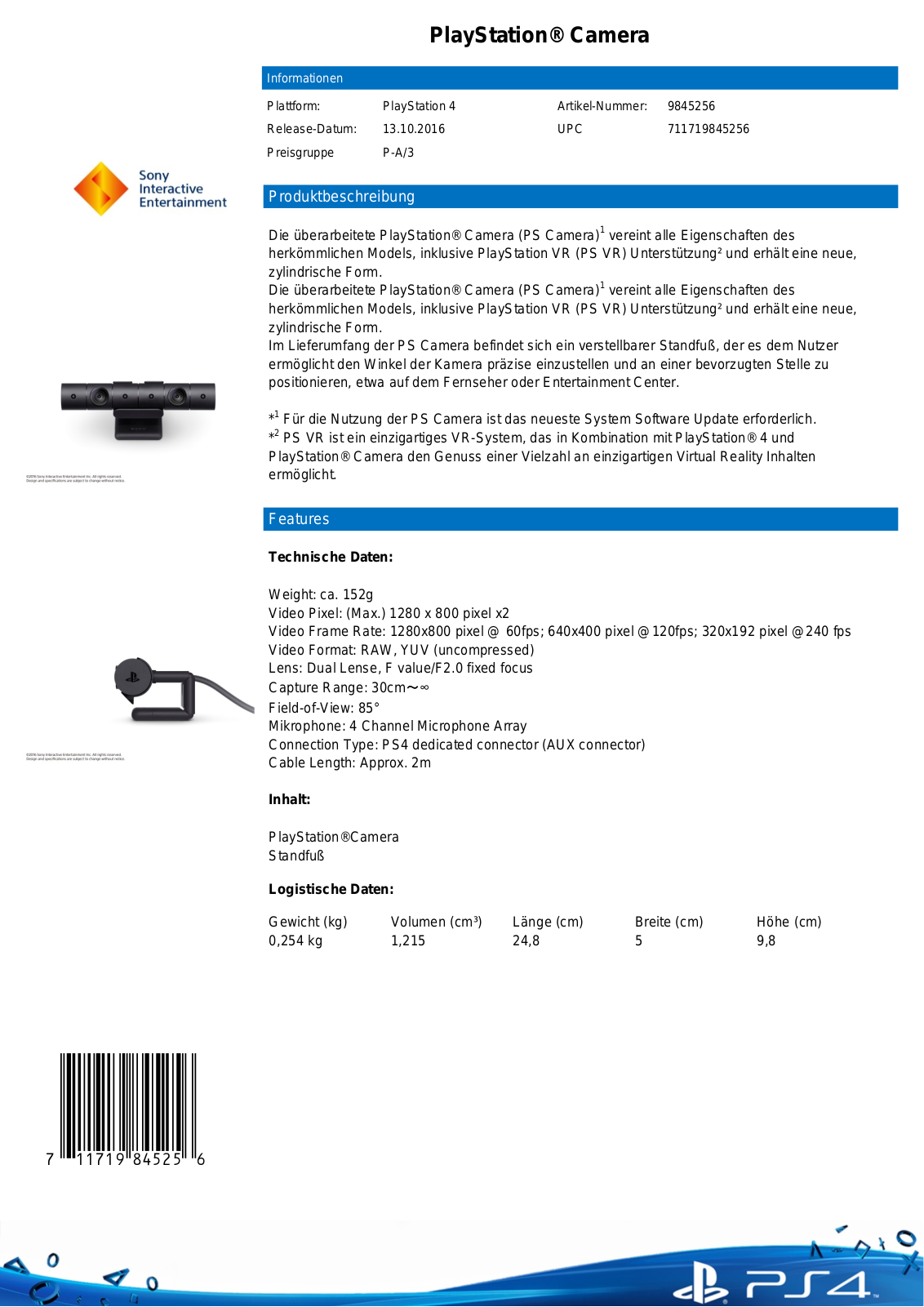 Sony PlayStation 4 Camera Technical data