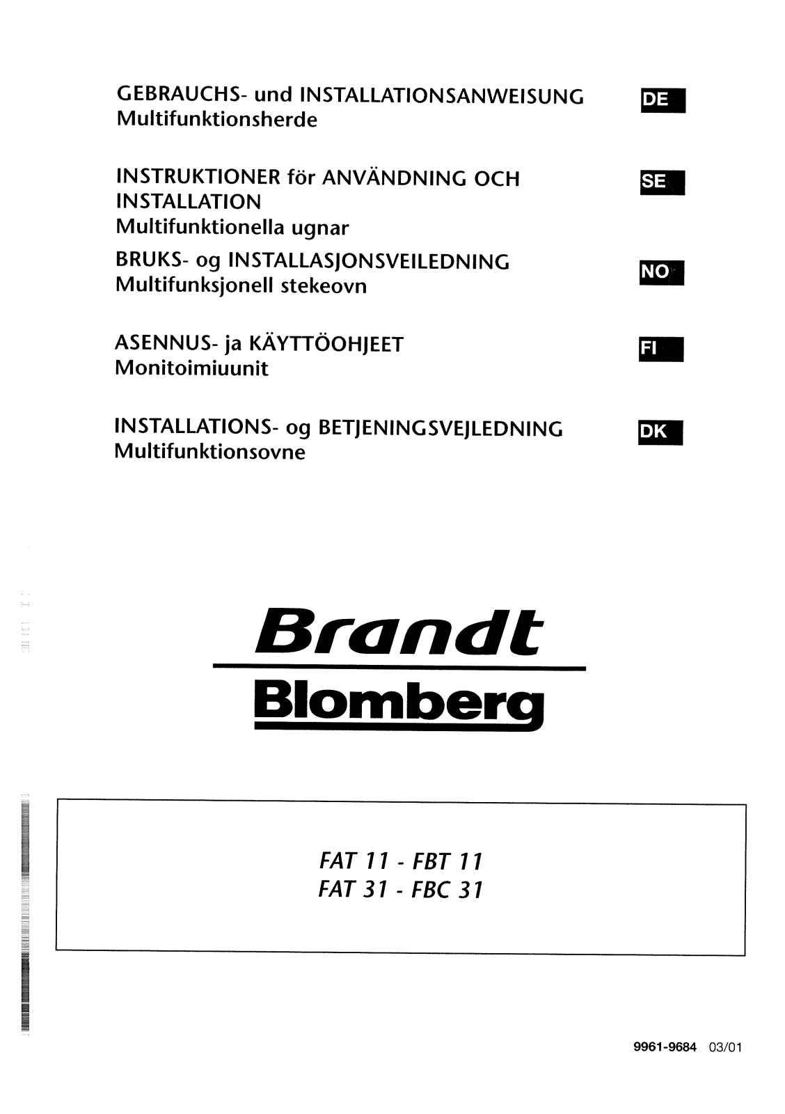 BRANDT FAT11W1N, FAT31W1N, FAT31X1N, FBC31W1N, FBC31X1N User Manual