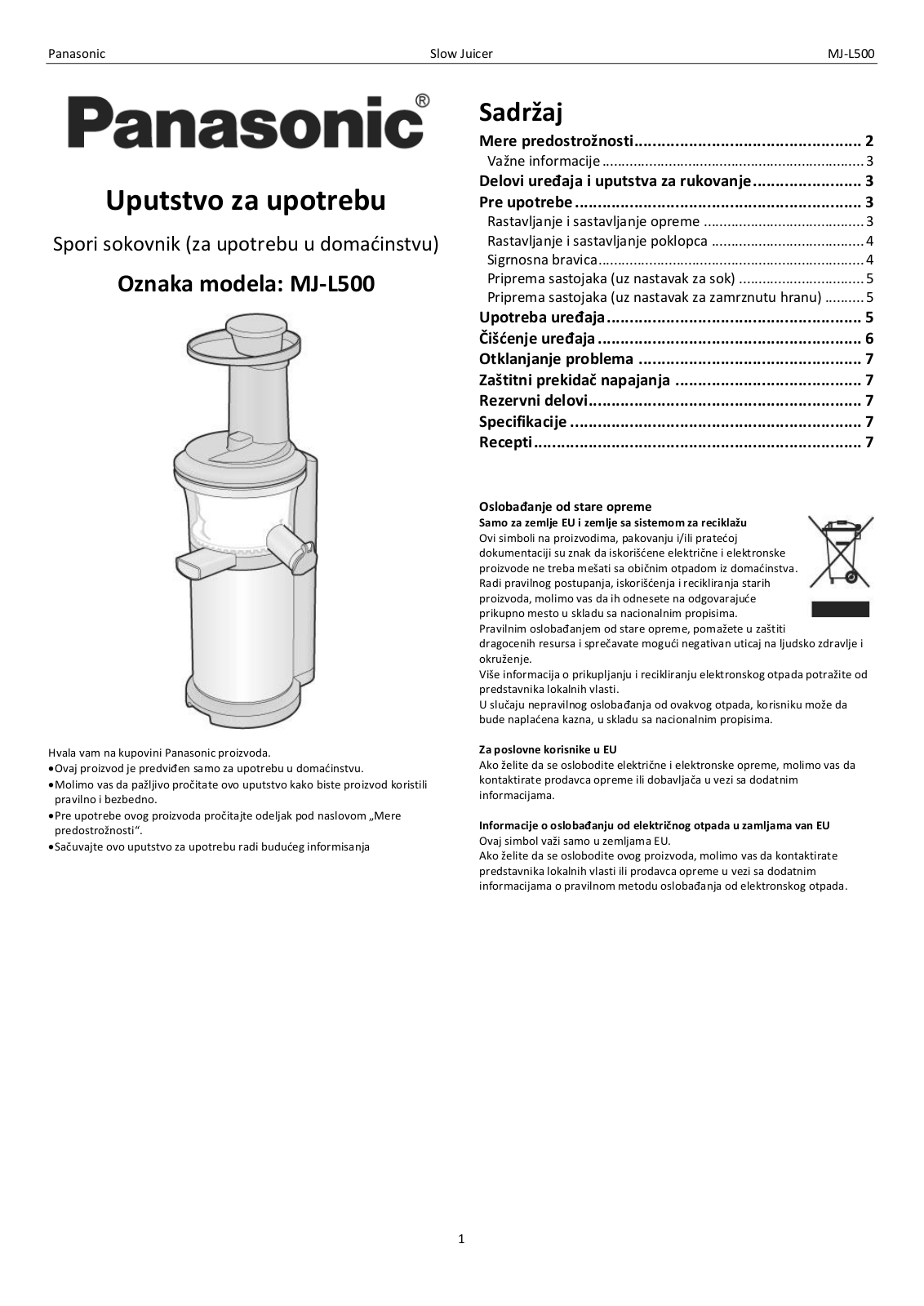 Panasonic MJL500 User Manual