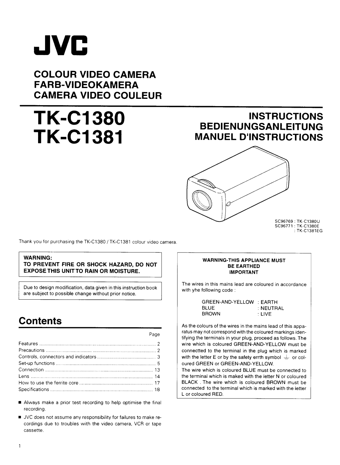 JVC TK-C1380U - Color Ccd Camera, TK-C1380UA - Color Ccd Camera, TK-C1380, TK-C1381 Instructions Manual