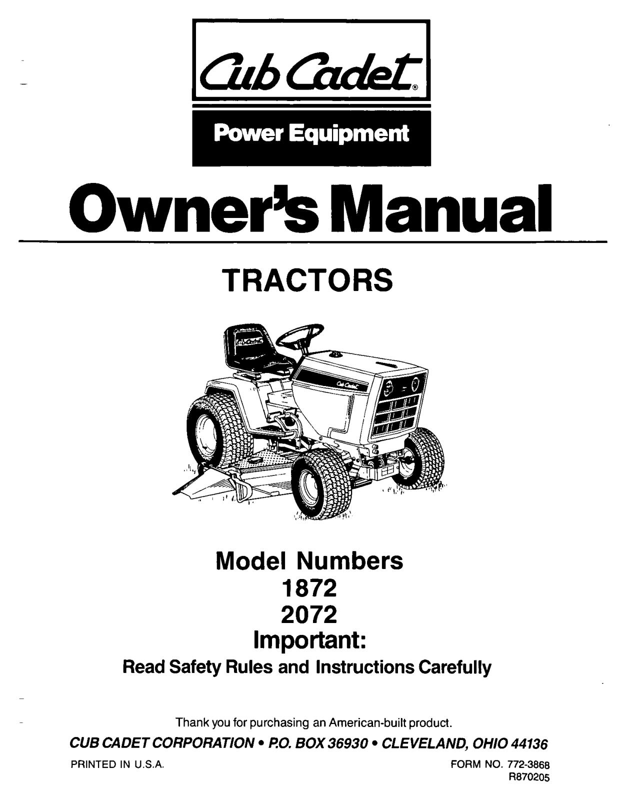 Cub Cadet Lawn Mower 1872, Lawn Mower 2072 User Manual