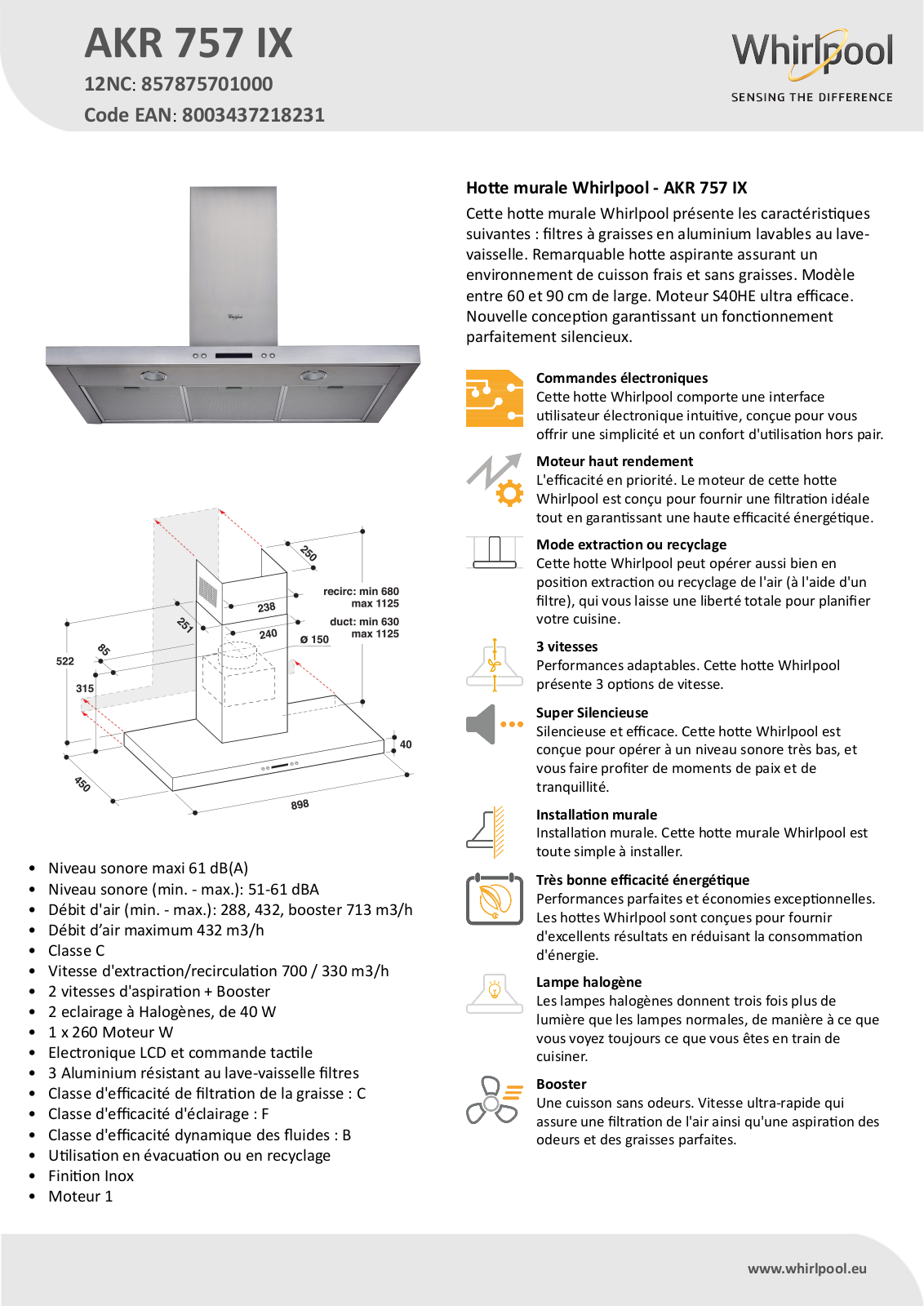 Whirlpool AKR 757 IX Product information