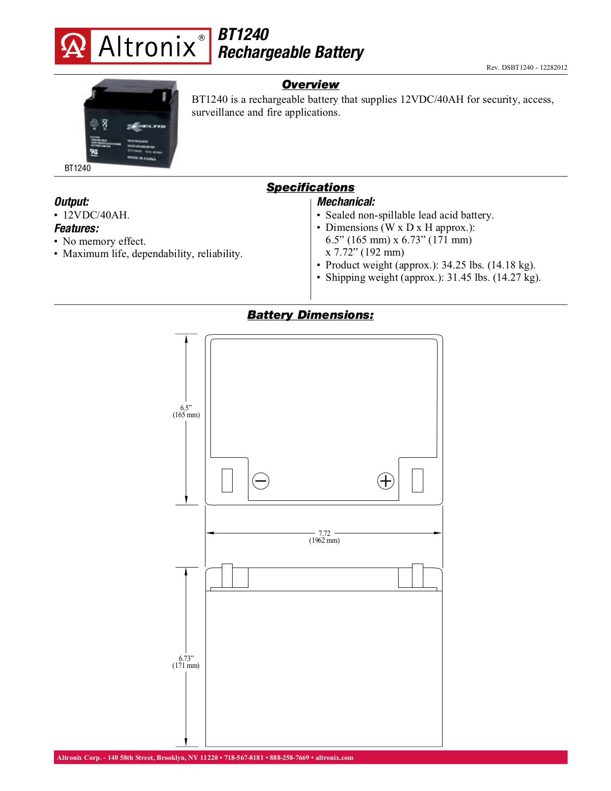 Altronix BT1240 Data Sheet