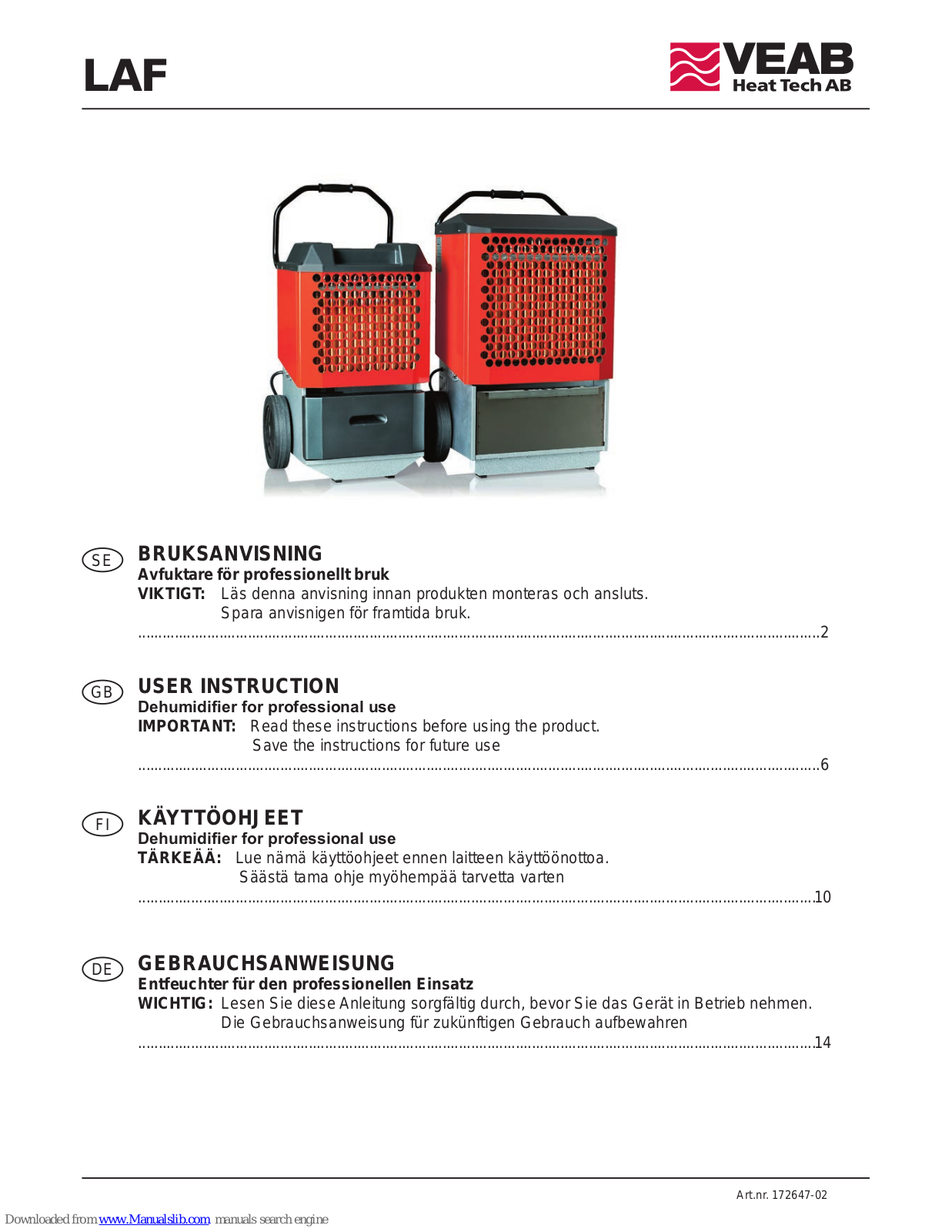 VEAB LAF 50S, LAF 50E2S, LAF 100, LAF 150, LAF 100E User Instruction