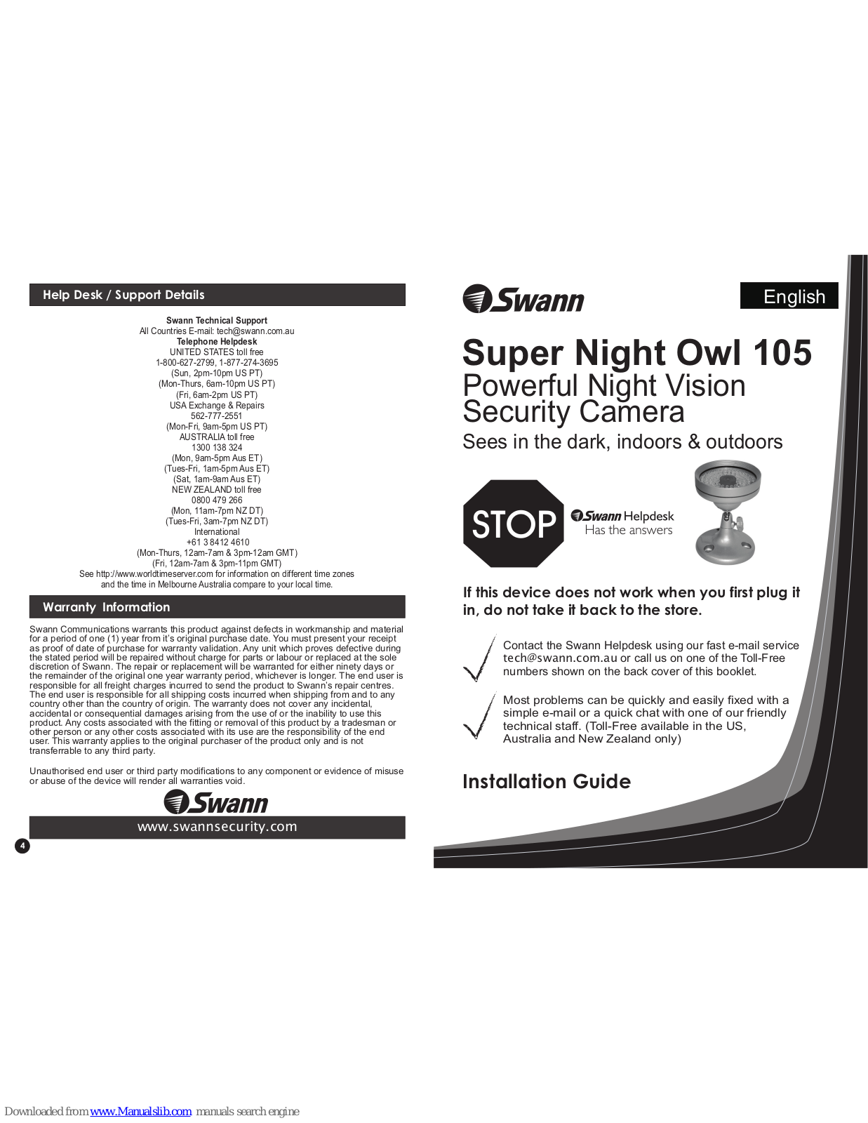 Swann SUPER NIGHT OWL 105 Installation Manual