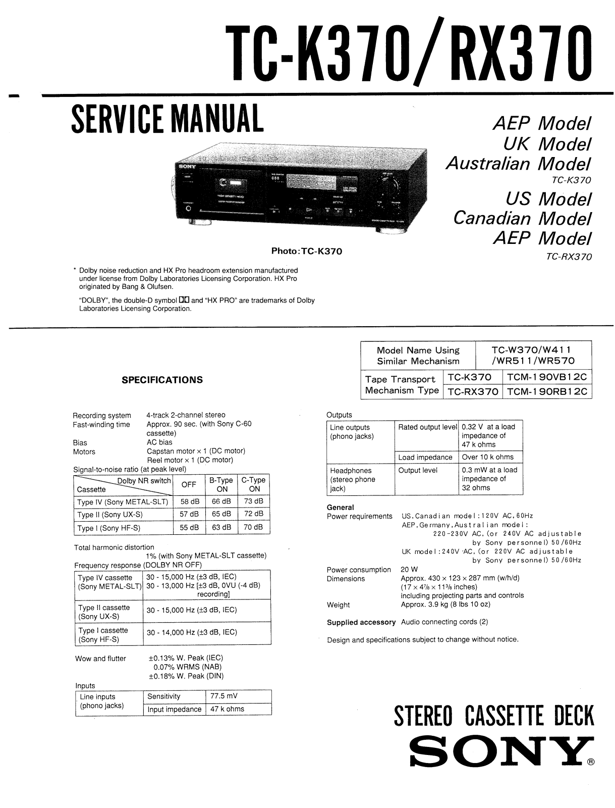 Sony TCK-370 Service manual