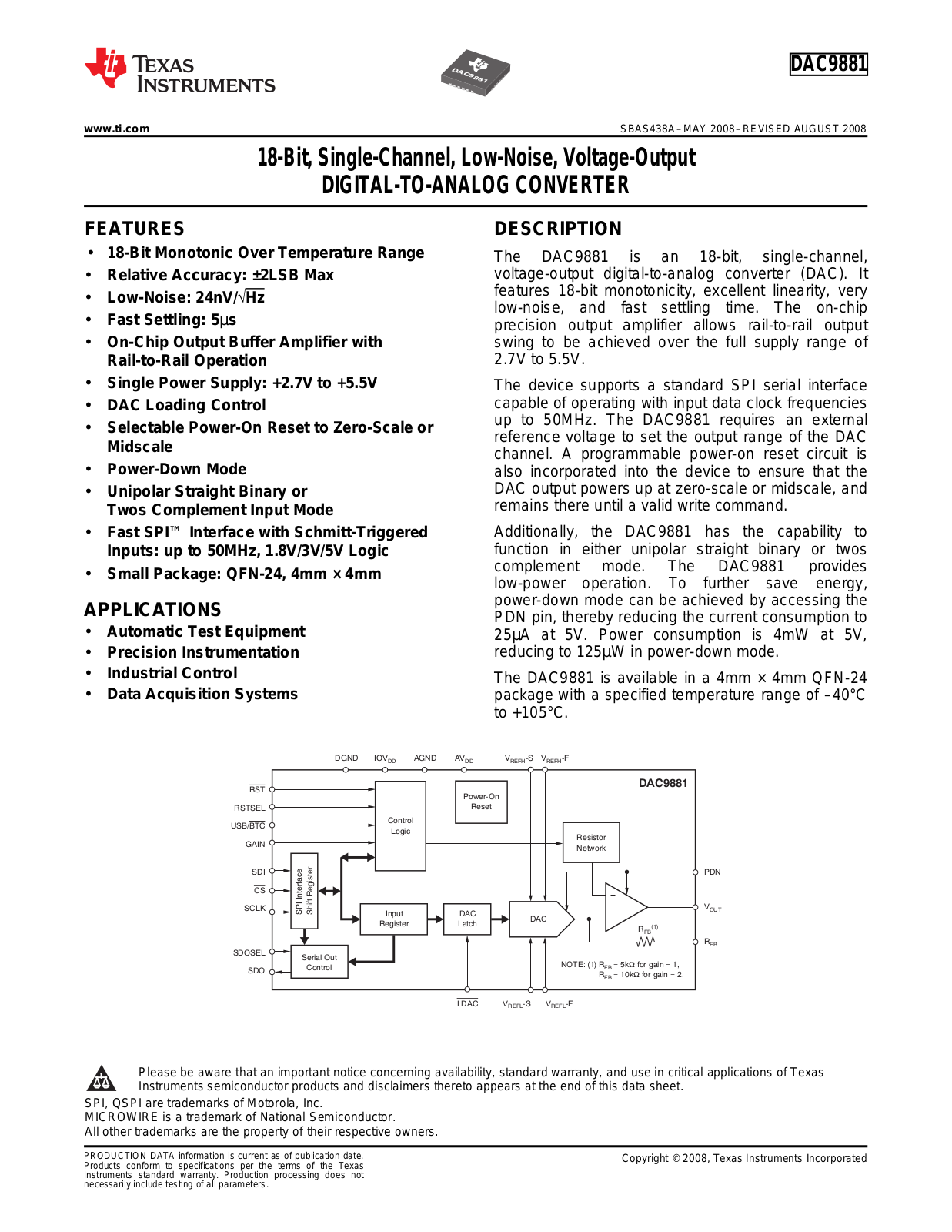 TEXAS INSTRUMENTS DAC9881 Technical data