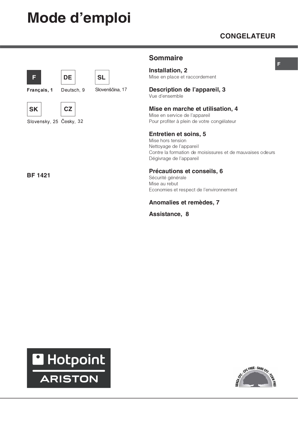 Hotpoint BF 1421 User Manual