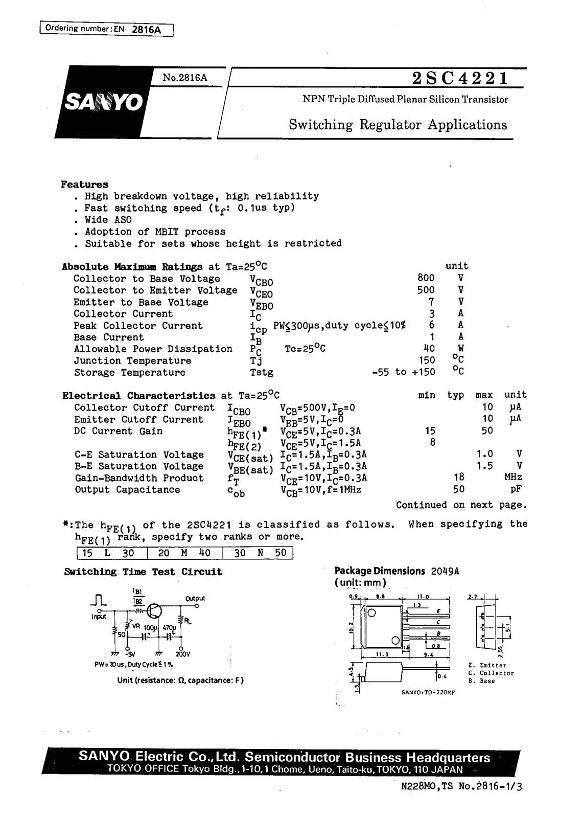 SANYO 2SC4221 Datasheet