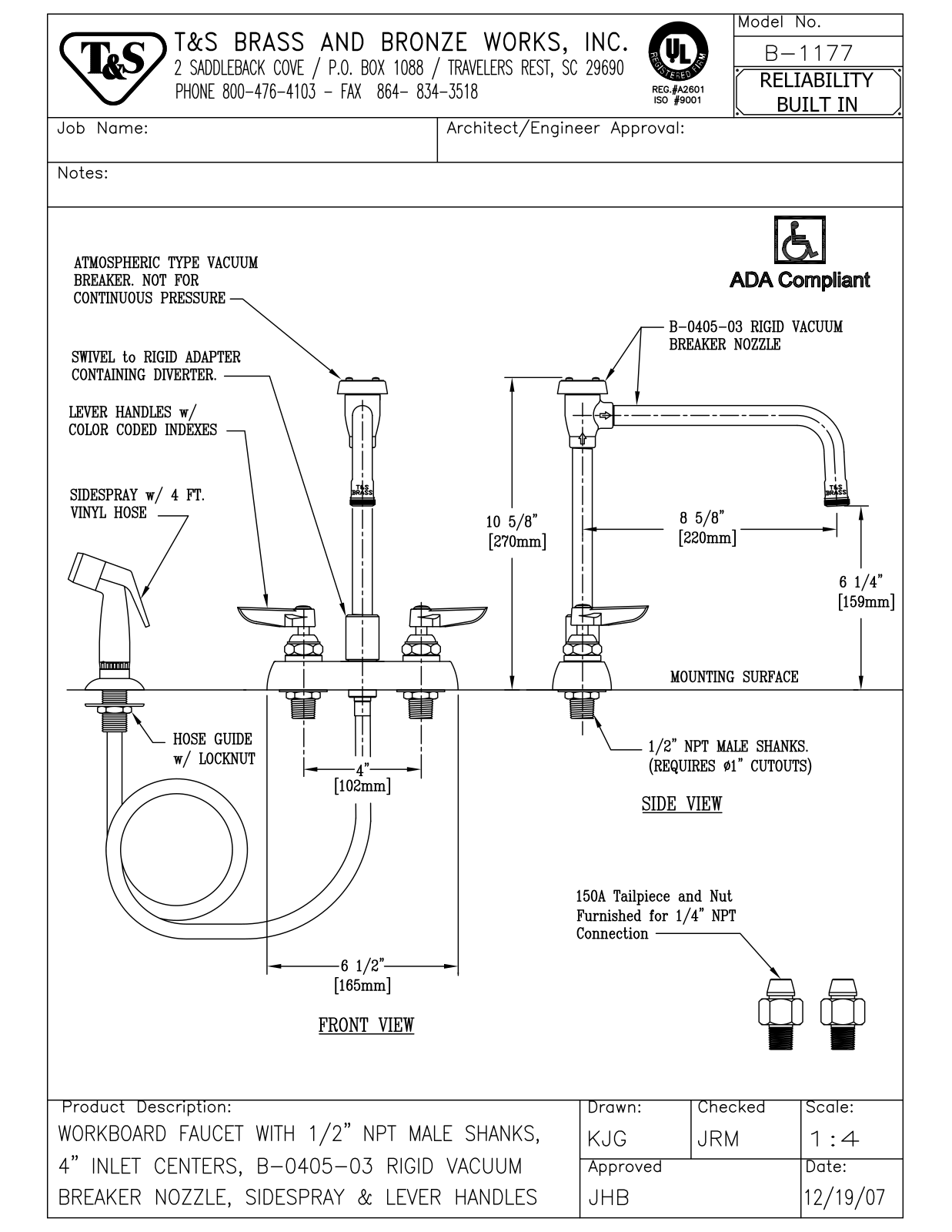 T & S Brass & Bronze Works B-1177 General Manual