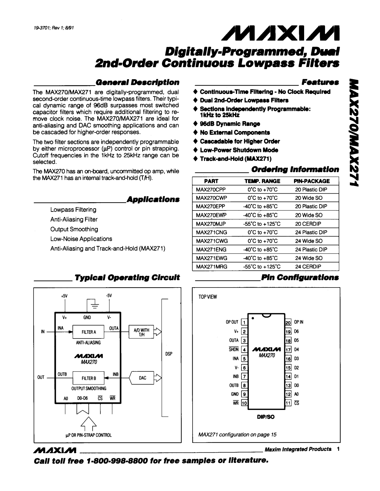 Maxim MAX271MRG, MAX271CWG, MAX271CNG, MAX270MJP, MAX270EWP Datasheet