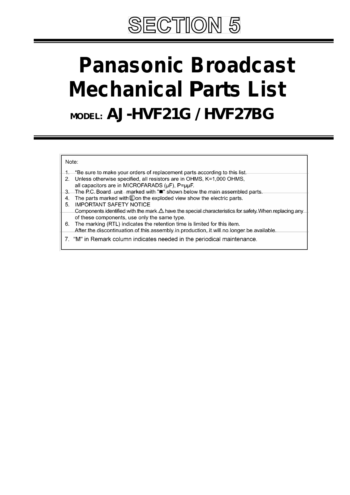 Panasonic aj-hvf27b parts list