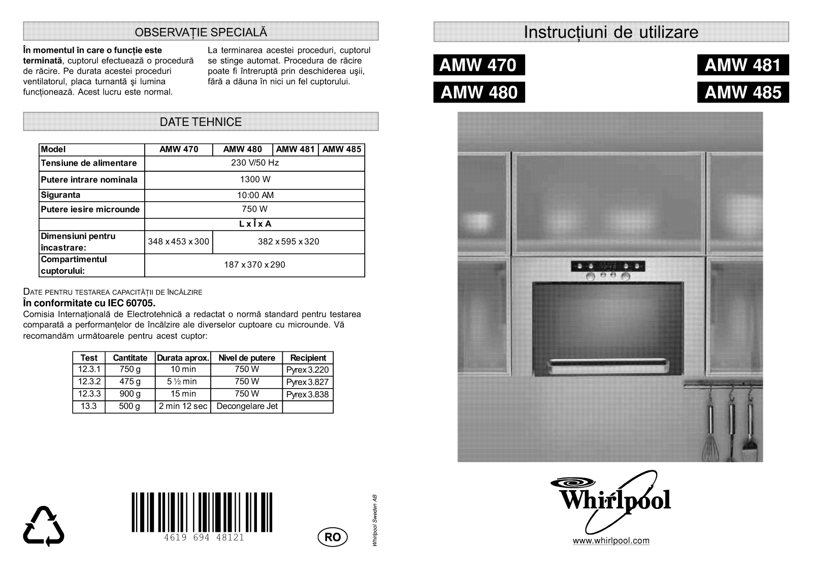 WHIRLPOOL AMW 480 IX User Manual