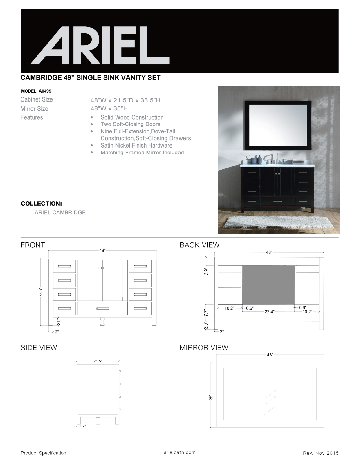 Ariel A049SCWRVOESP, A049SVOESP, A049SGRY, A049SCWRGRY, A049SCWRVOWHT Specifications - ManualMachine.com