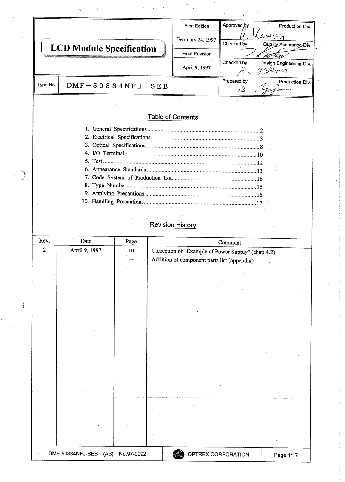 OPTREX DMF-50834NFJ-SEB Datasheet