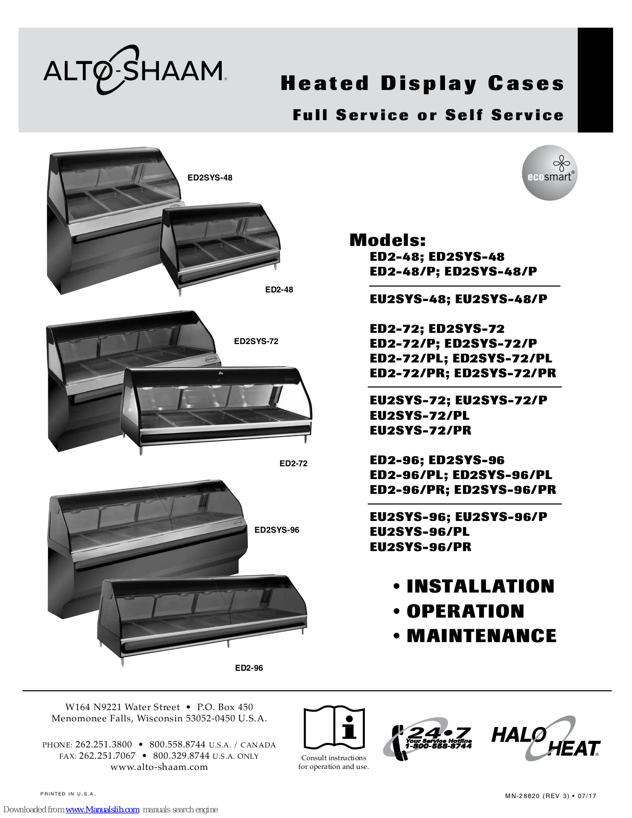 Alto-Shaam ED2SYS-48, EU2SYS-72/P, EU2SYS-48/P, EU2SYS-72, EU2SYS-72/PL Installation, Operation And Maintenance Manual