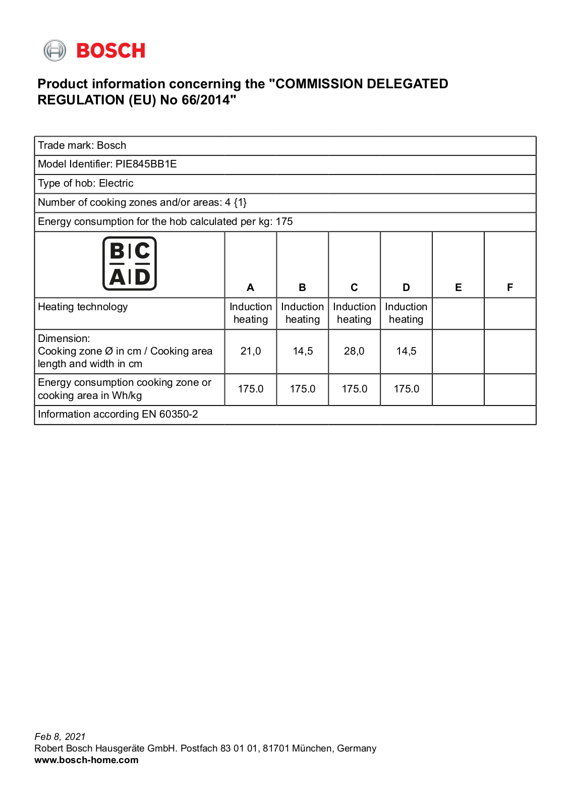 Bosch PIE845BB1E, HBD674CS80, HBD774CS80, HBD634CS80, HBD94PN58 EU Datasheet