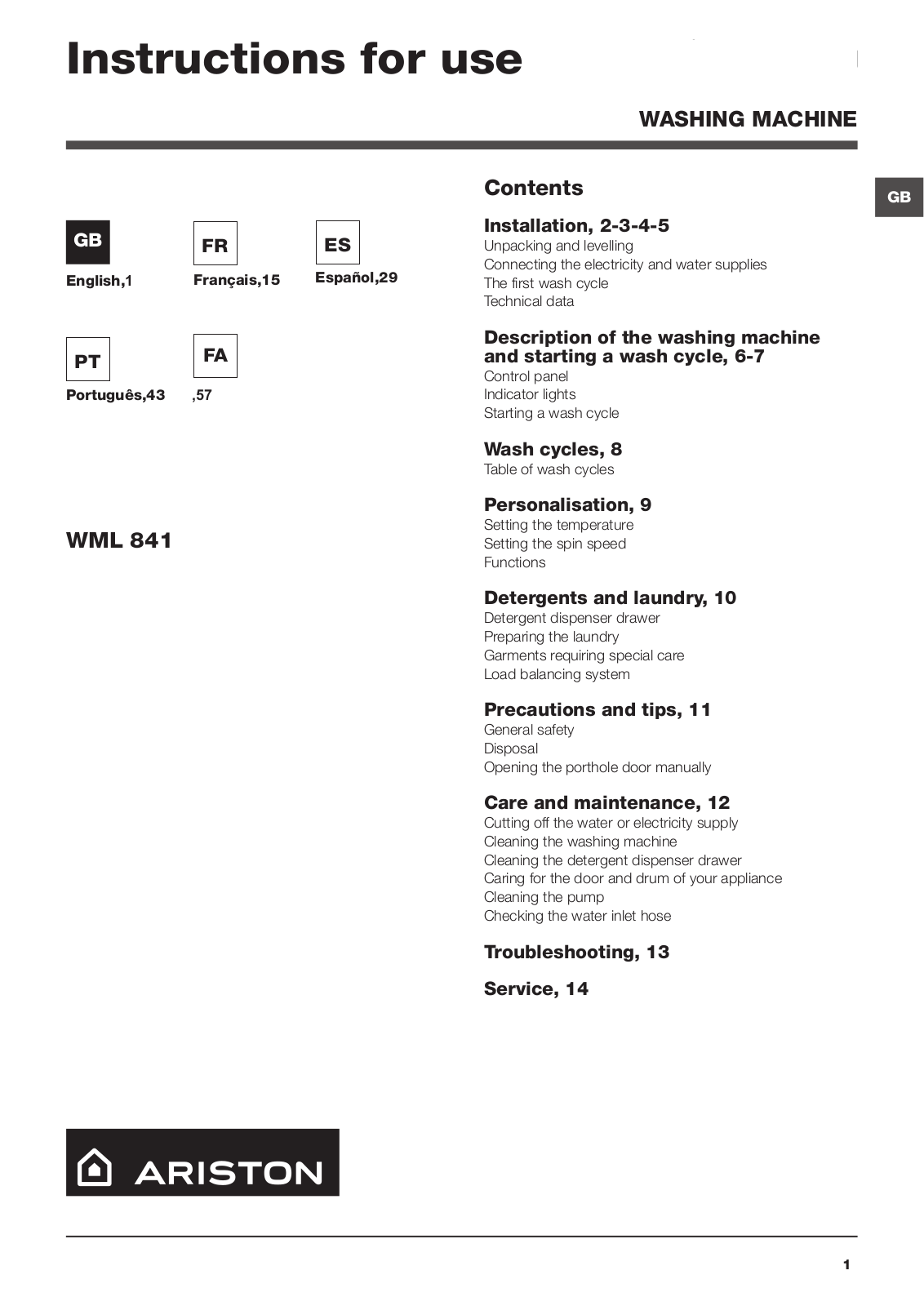 Hotpoint WML 841 EX User Manual