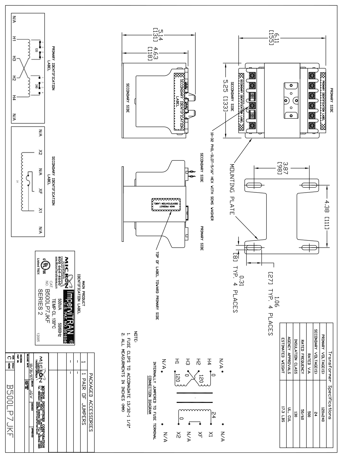 Micron Industries B500LP7JKF Specification Sheet