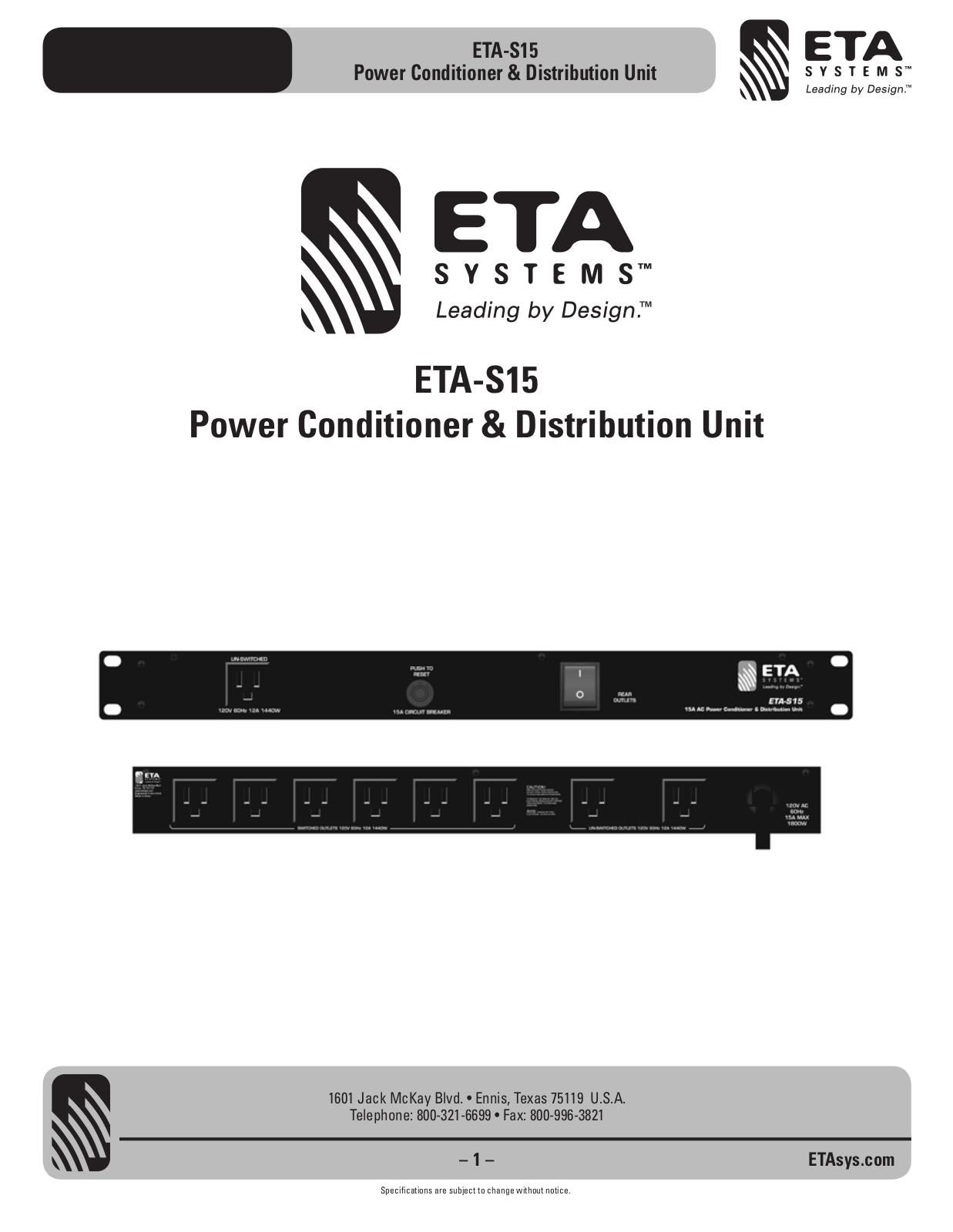 ETA Systems ETA-S15 User Manual