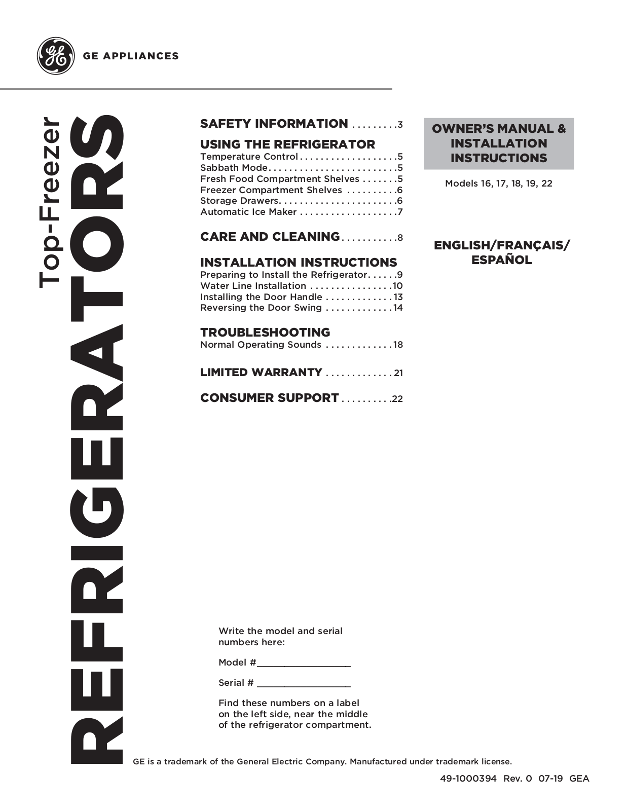 GE GTE16DTNLWW, GTE18DTNRWW OWNER’S MANUAL & INSTALLATION INSTRUCTIONS