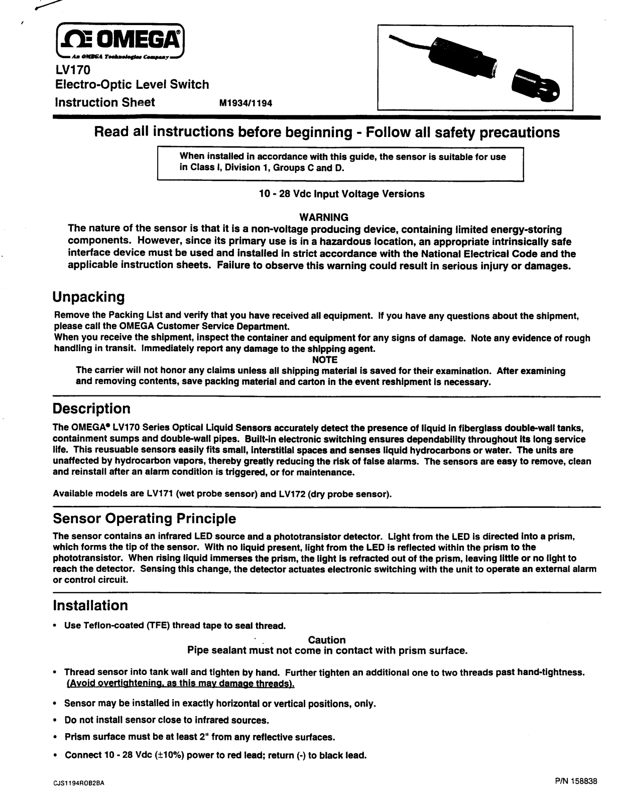 Omega Products LV170 Installation  Manual