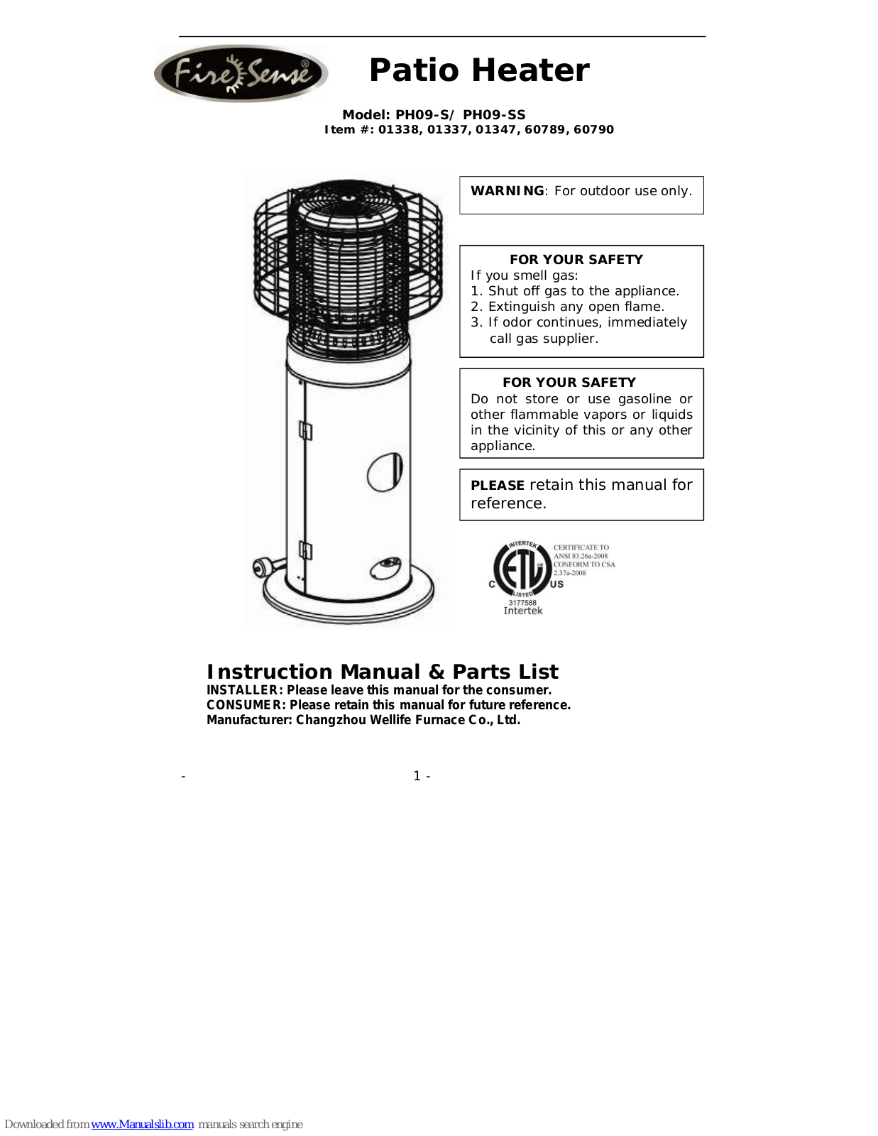 Fire Sense 1337, 01338, 01347, 60789, 60790 Instructions And Parts Manual