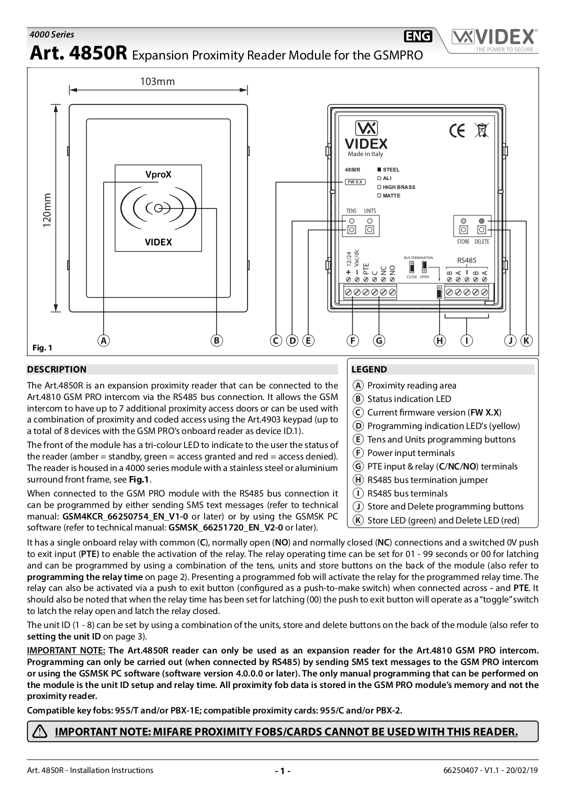 Videx 4000 Series, 4850R Installation Instructions Manual