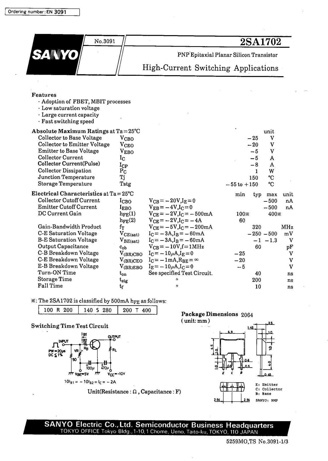 SANYO 2SA1702 Datasheet