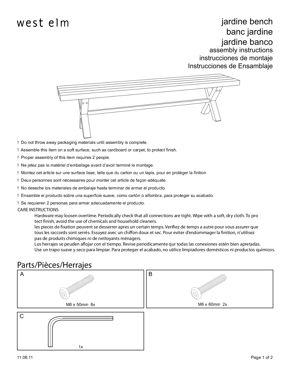 West Elm Jardine Bench Assembly Instruction