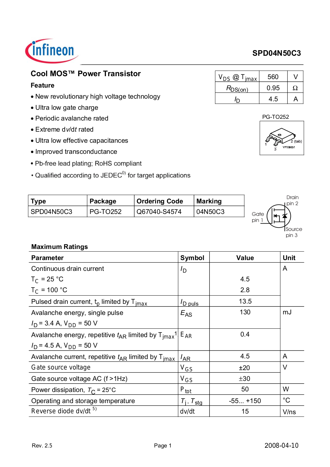 INFINEON SPD04N50C3 User Manual