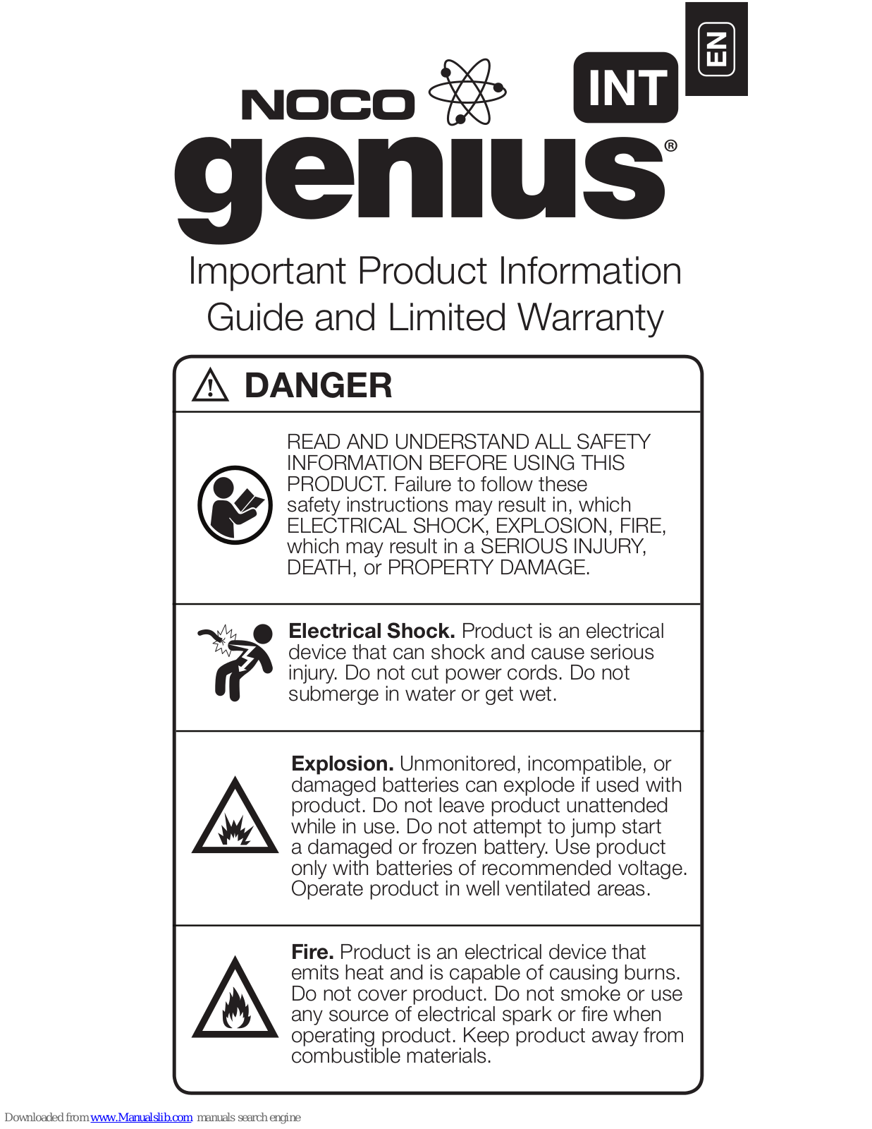 NOCO Genius GB20, GB40, GB30, GB70, GB150 Important Product Information Manual And Limited Warranty