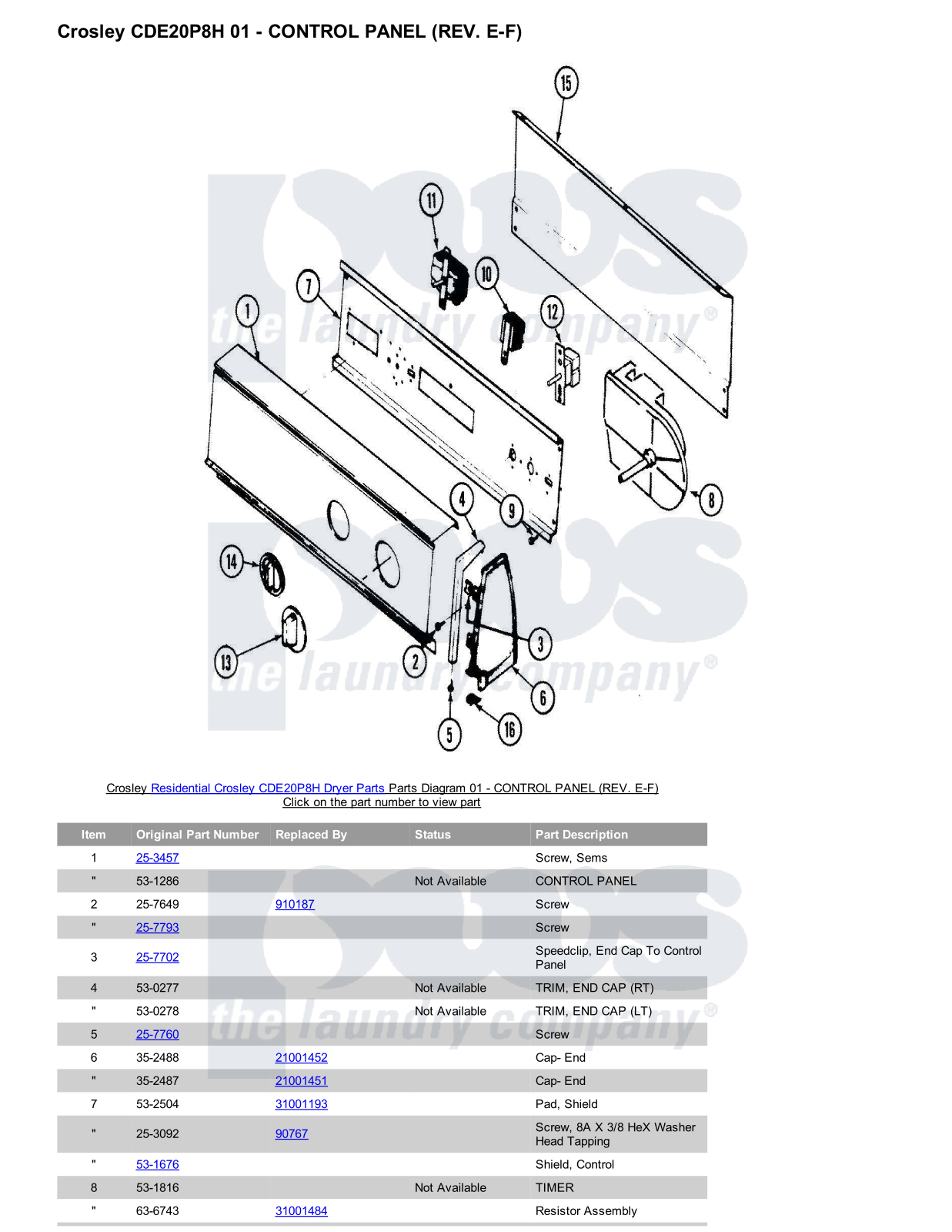 Crosley CDE20P8H Parts Diagram