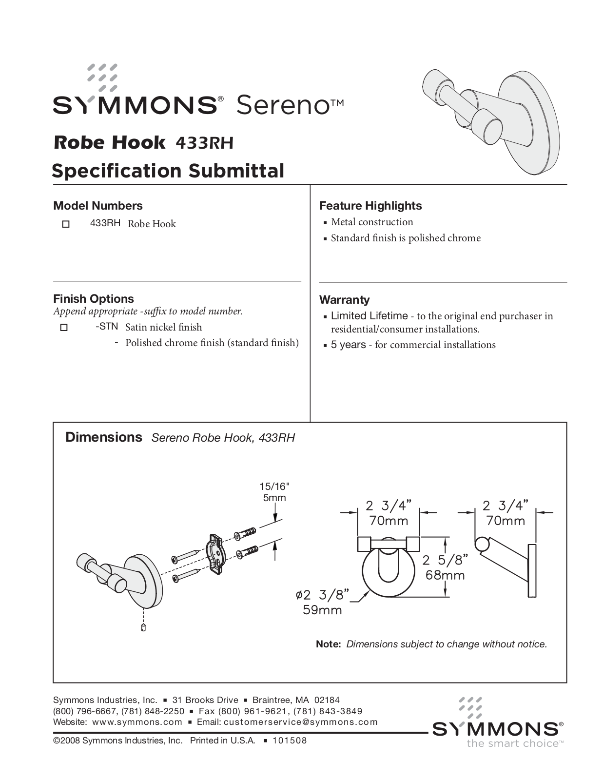 Symmons 433RH User Manual - ManualMachine.com
