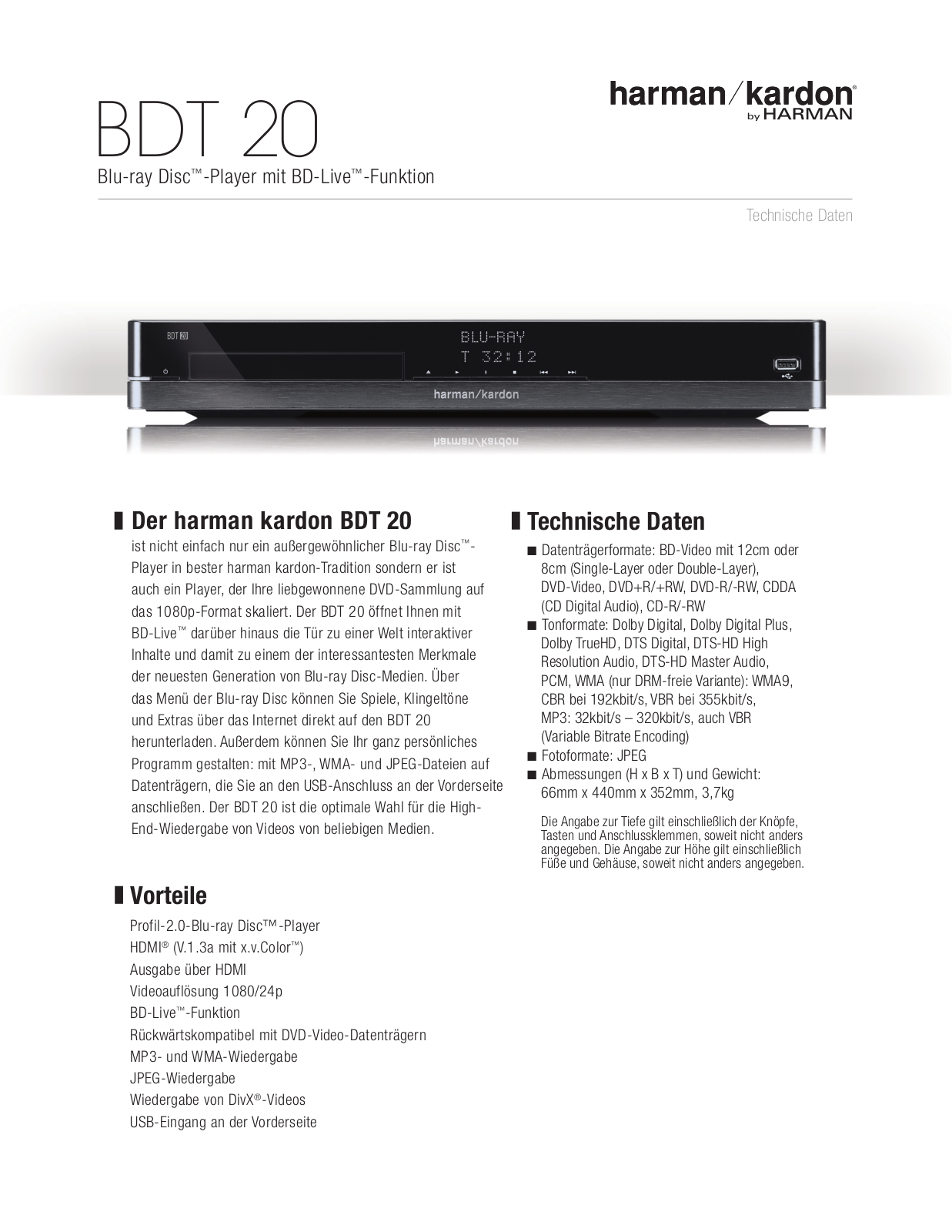 Harman kardon BDT 20 DATASHEET