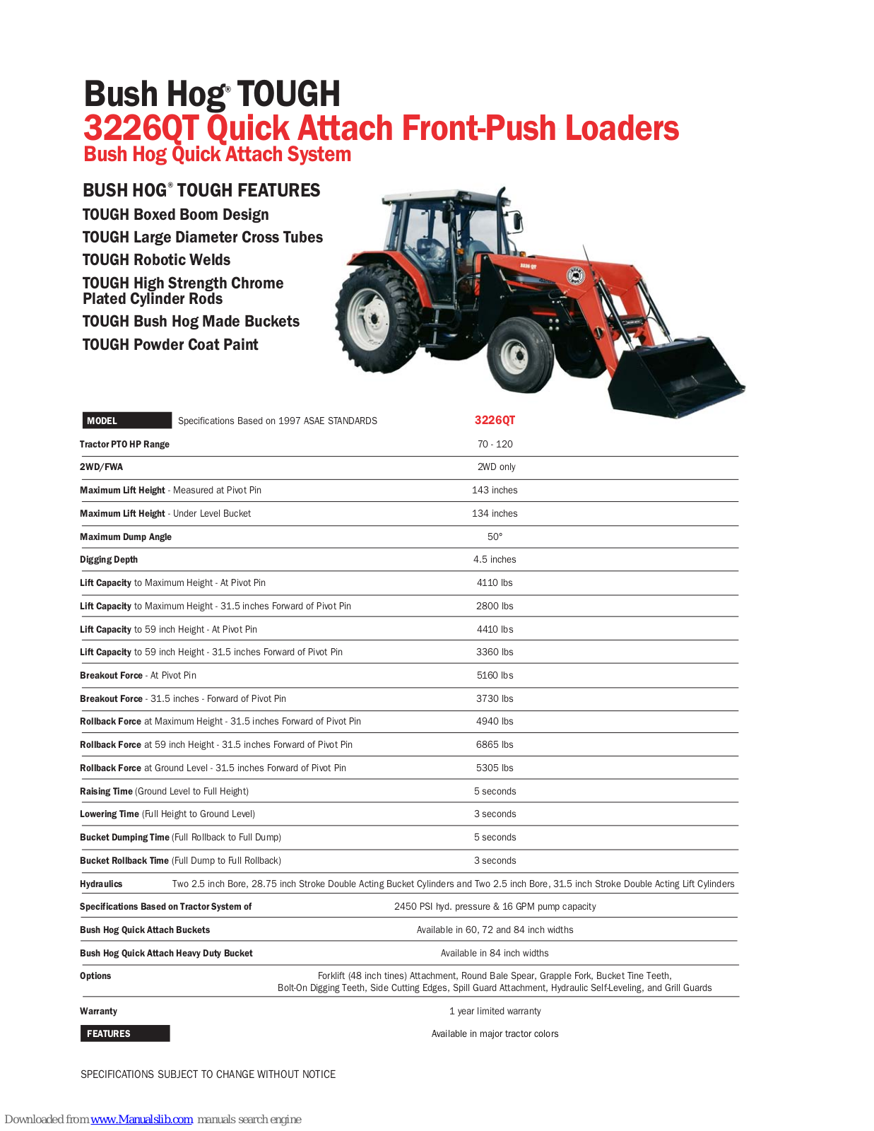 Bush Hog Front-Push Loaders 3226QT, TOUGH 3226QT Specifications