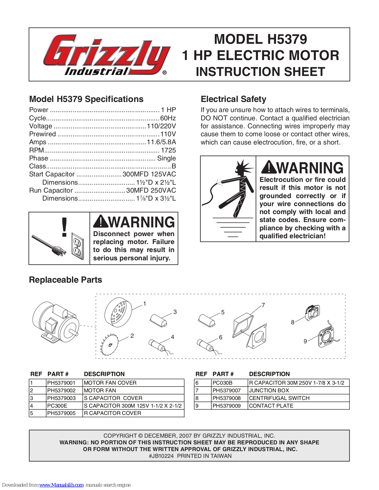 Grizzly H5379 Instruction Sheet