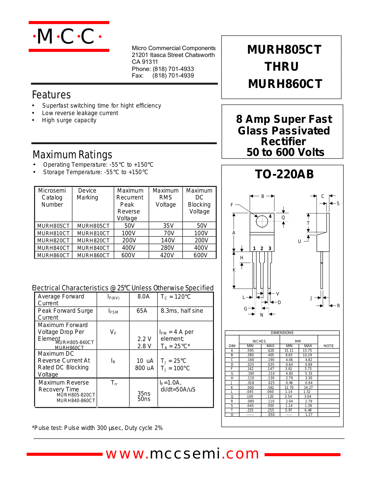 MCC MURH805CT, MURH840CT, MURH810CT, MURH820CT, MURH860CT Datasheet