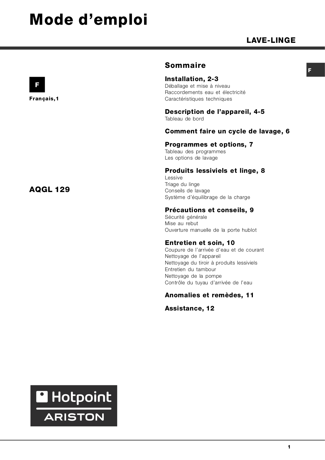 HOTPOINT-ARISTON AQGL 129 User Manual