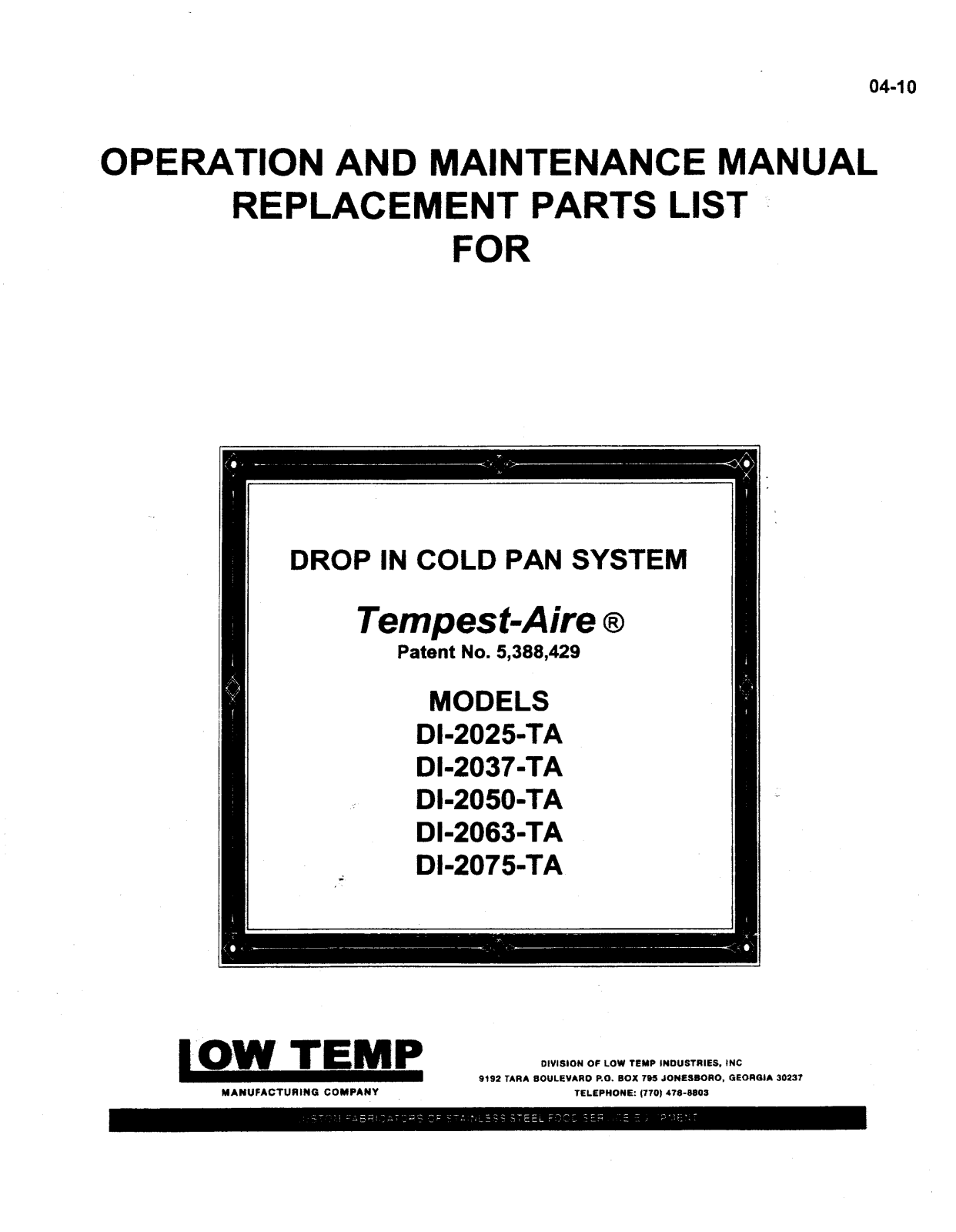 Low Temp Industries DI-2025-TA, DI-2222-IC Parts List