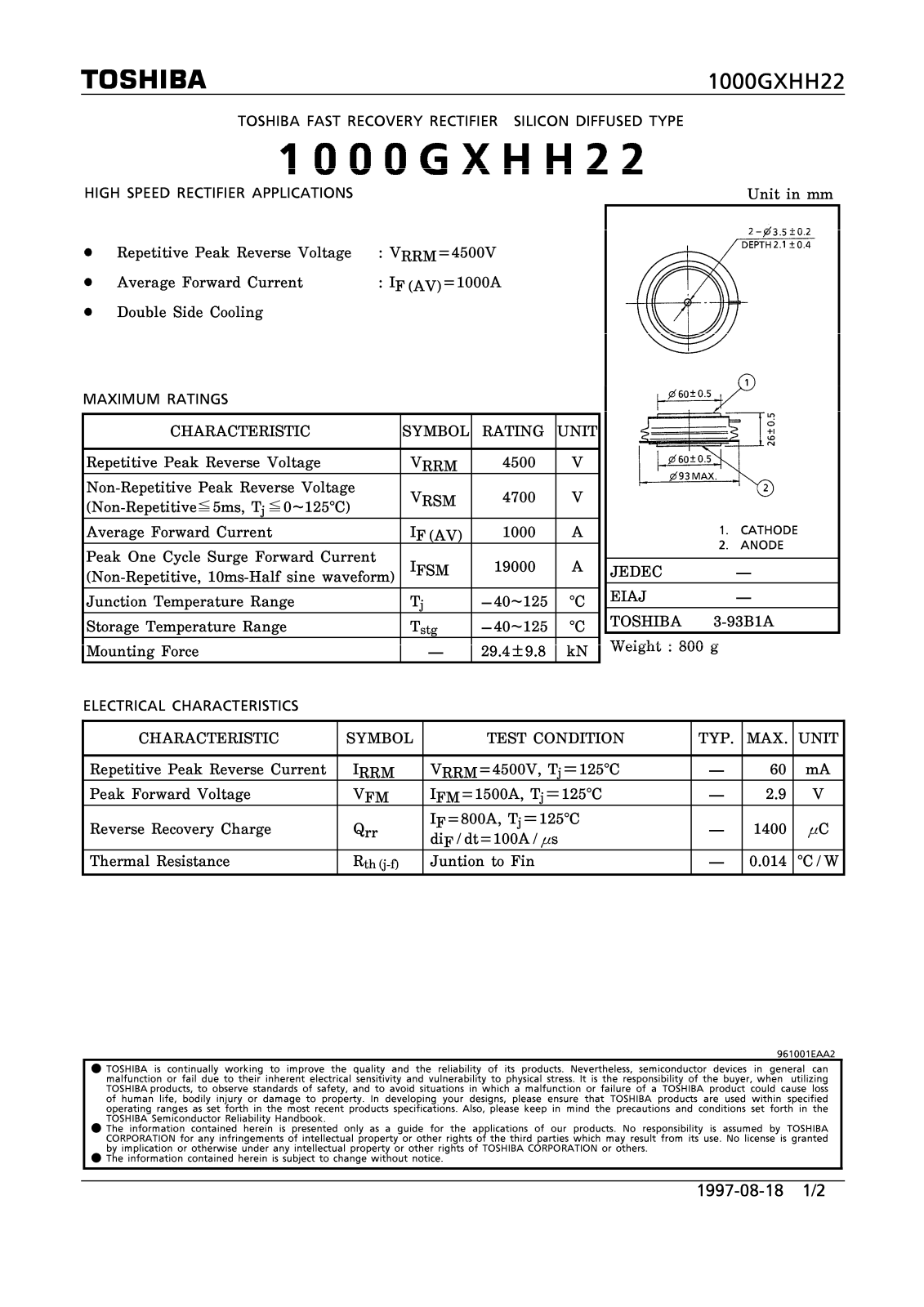 Toshiba 1000GXHH22 Datasheet