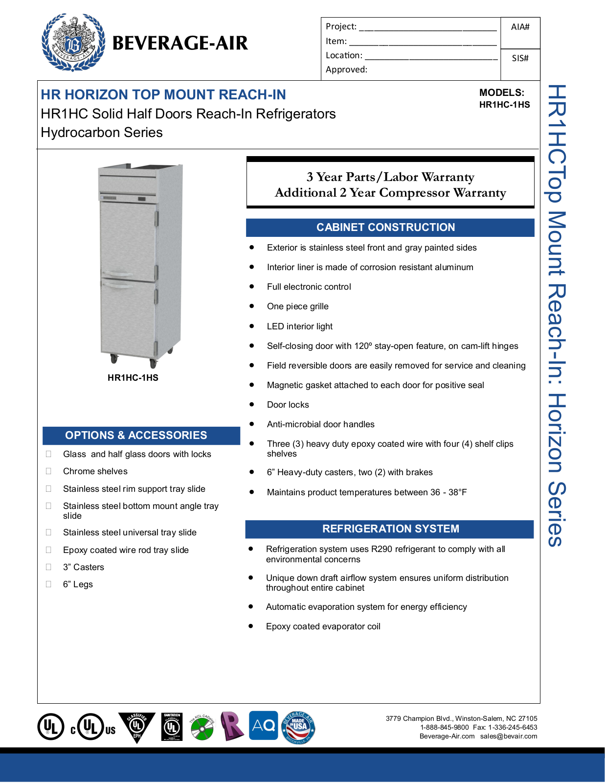 Beverage-Air HR1HC1HS Specifications