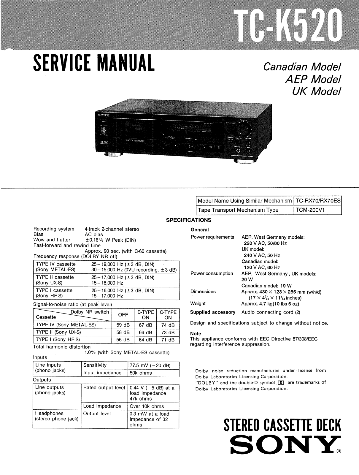 Sony TCK-520 Service manual