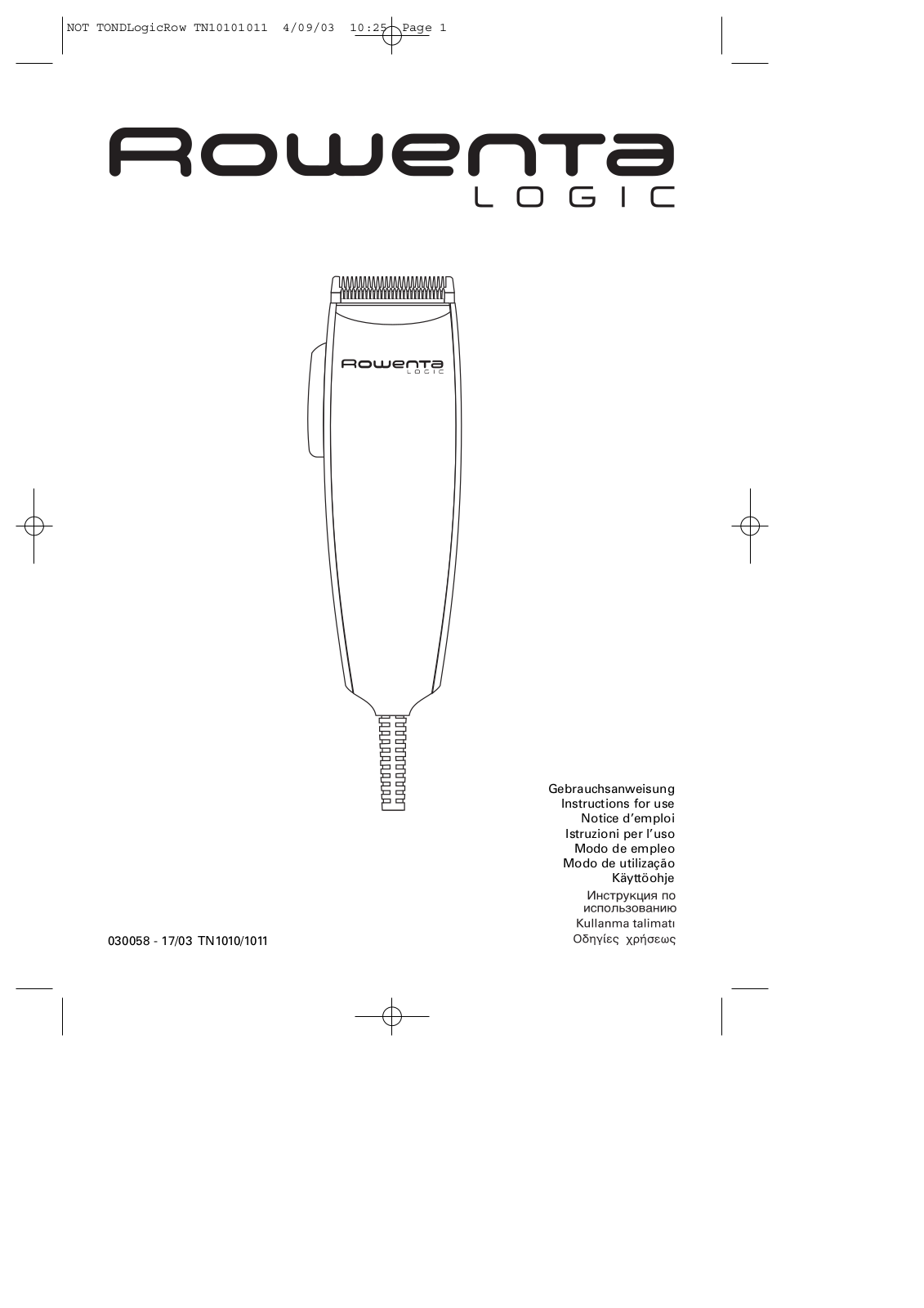 Rowenta TN1010 User manual