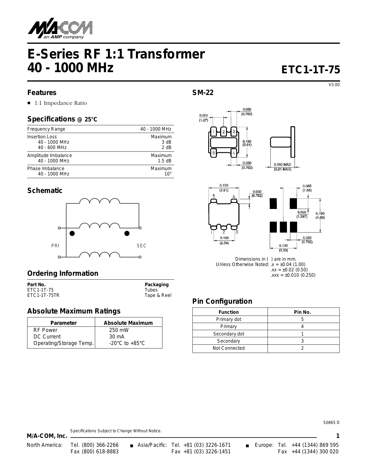 Datasheet ETC1-1T-75TR, ETC1-1T-75 Datasheet (MACOM) - ManualMachine.com