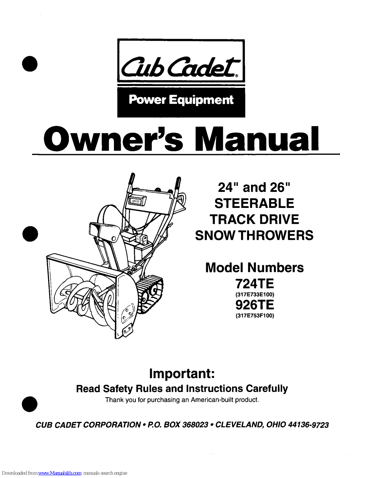 Cub Cadet 724TE, 926TE Owner's Manual