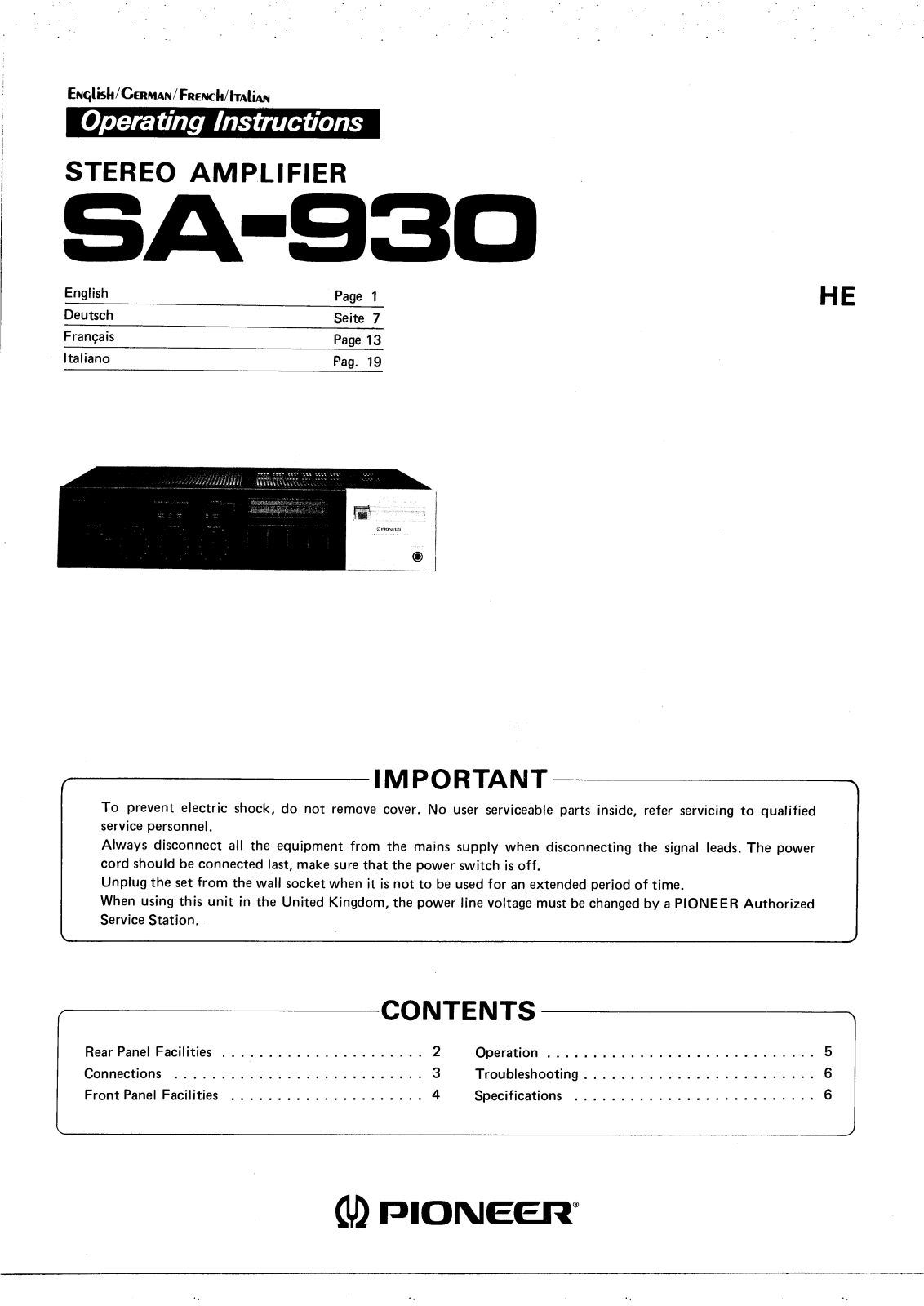 Pioneer SA-930 Owners manual