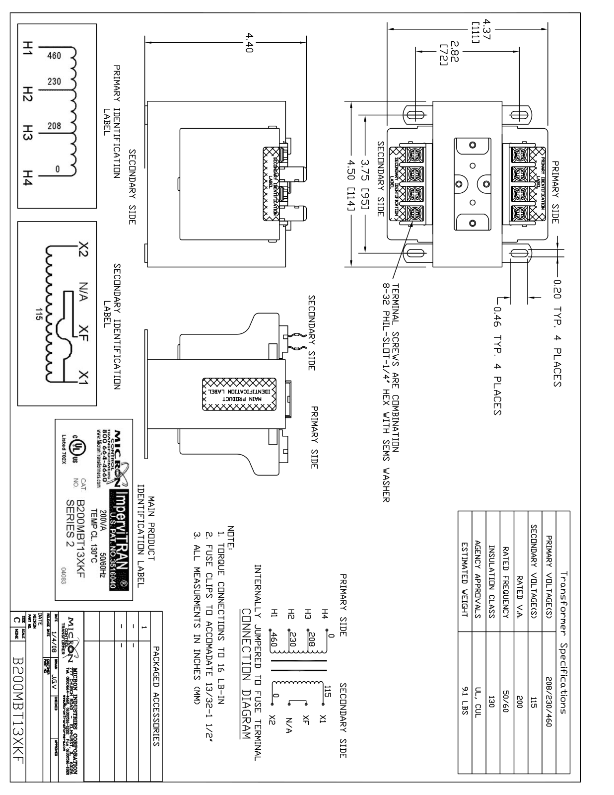 Micron Industries B200MBT13XKF Specification Sheet